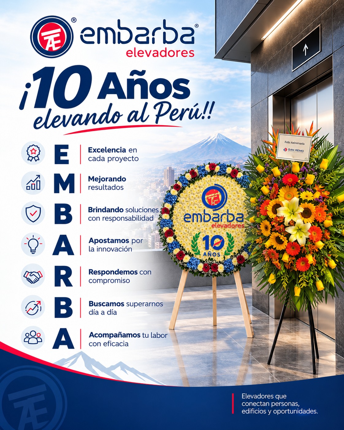 🎉🛗 ¡10 años elevando al Perú! 🇵🇪💙❤️

En EMBARBA Elevadores celebramos con orgullo una década de trayectoria, crecimiento y compromiso, brindando soluciones de elevación con calidad, seguridad e innovación. Estos 10 años representan el esfuerzo de todo nuestro equipo, los retos superados y la confianza que hemos construido a lo largo del camino.

Queremos expresar nuestro más sincero agradecimiento a nuestros clientes, por confiar en nosotros y permitirnos ser parte de sus proyectos; a nuestros colaboradores, por su dedicación, profesionalismo y compromiso, que hacen posible que sigamos creciendo día a día; y a todos nuestros aliados estratégicos, por acompañarnos en esta historia de crecimiento y éxitos compartidos. 🤝✨

Seguimos mirando hacia el futuro con entusiasmo, renovando nuestro compromiso con la excelencia y trabajando para continuar conectando personas, edificios y oportunidades.

💐 Un agradecimiento especial a San Remo por el hermoso arreglo floral y por este significativo detalle que hizo aún más especial nuestra celebración. Valoramos mucho estas muestras de cariño y nos alegra compartir este momento tan importante con ustedes.

❤️💙 ¡Gracias a todos por ser parte de estos 10 años elevando al Perú!

#EMBARBAElevadores #10AñosElevandoAlPerú #GraciasPorLaConfianza #GraciasSanRemo #TrabajoEnEquipo #Excelencia #Compromiso